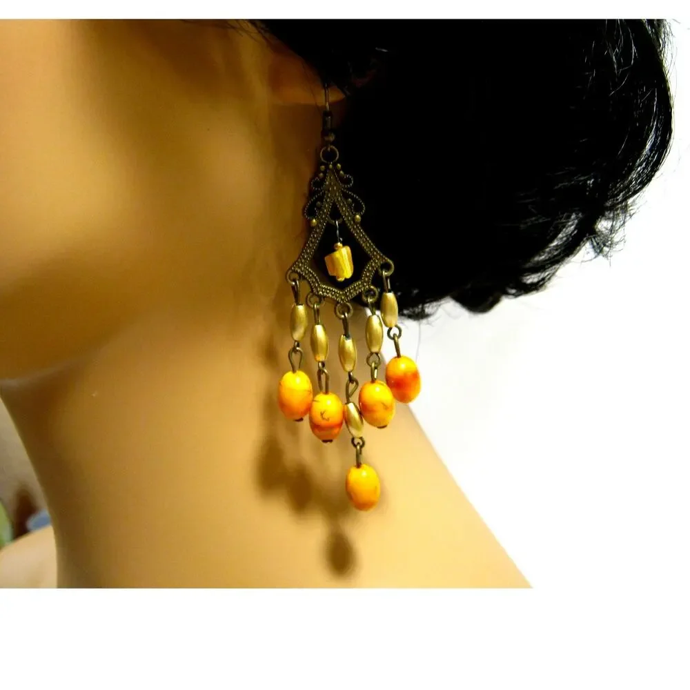 Set of Handcrafted BOHO style Glass Beaded Hoop and Chandelier Drop Earrings